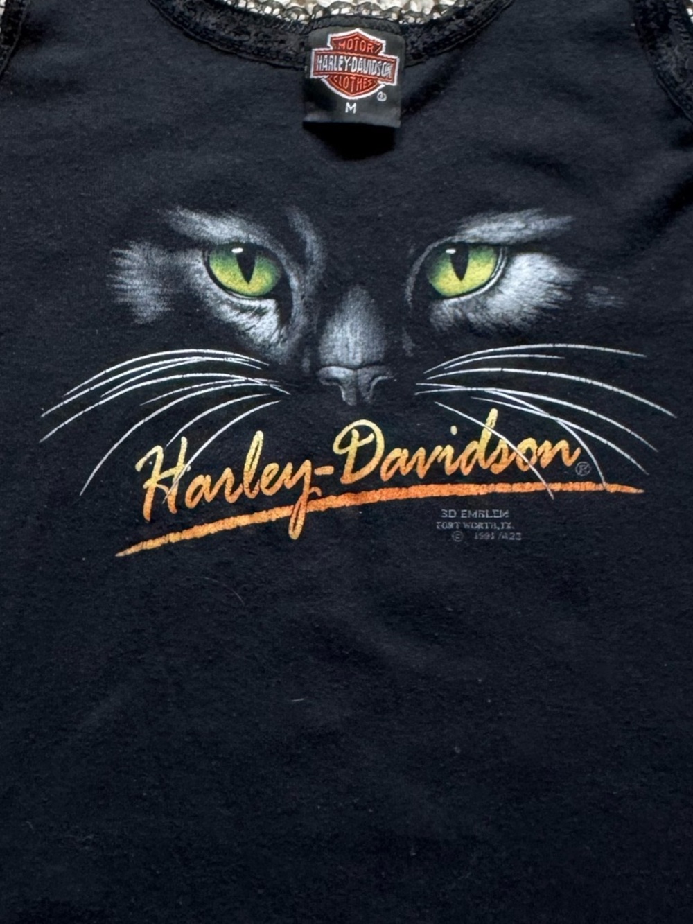 Vintage 1991 Harley Davidson "Cat Eyes" Tank Top 3D Emblem Size M Lace Trim - Picture 2 of 10